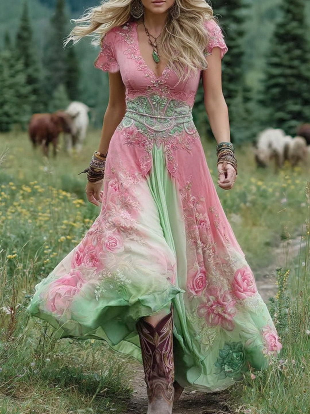 V-Neck Floral Maxi Dress