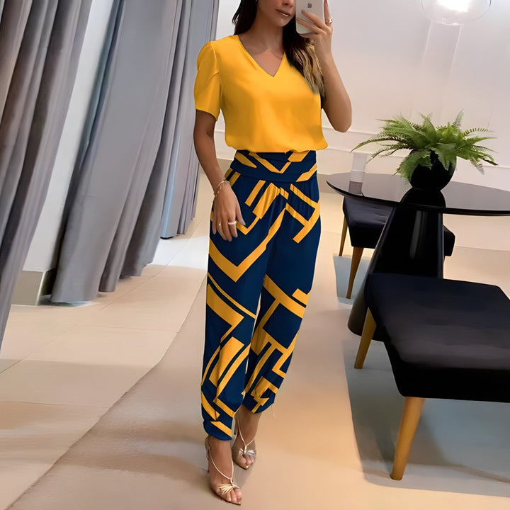 V-Neck Short Sleeve Wide-Leg Two-Piece Set