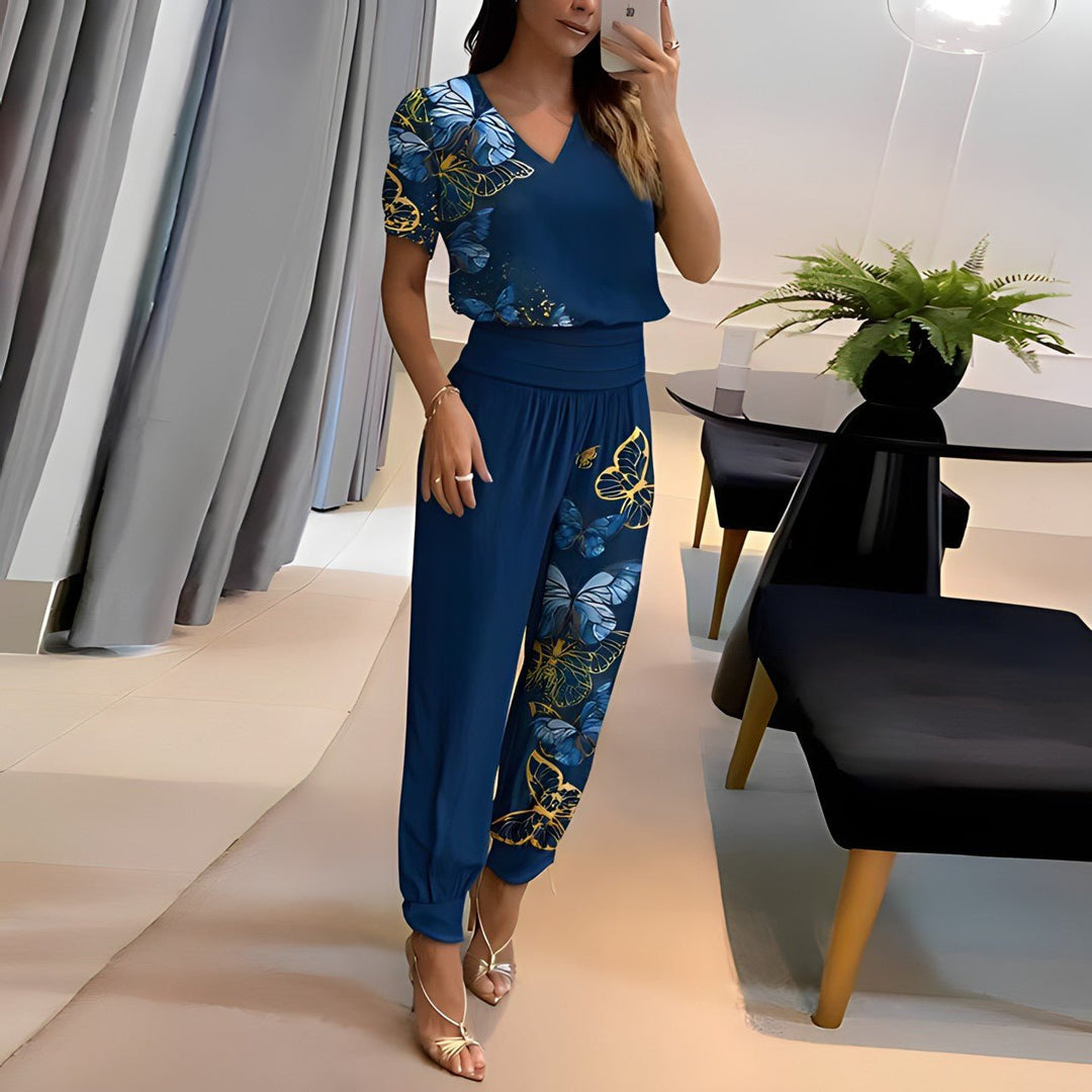 V-Neck Short Sleeve Wide-Leg Two-Piece Set