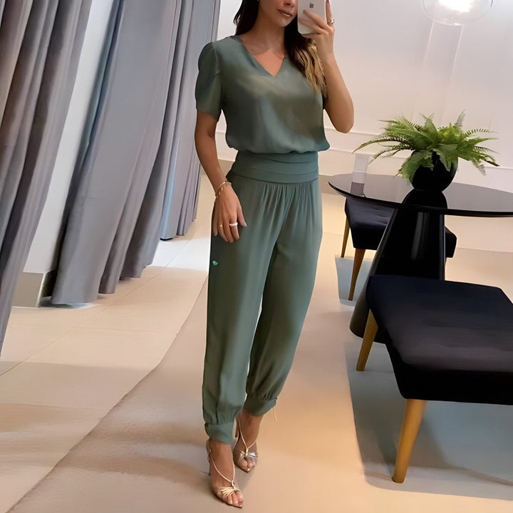 V-Neck Short Sleeve Wide-Leg Two-Piece Set