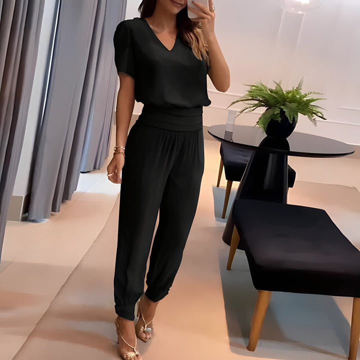 V-Neck Short Sleeve Wide-Leg Two-Piece Set