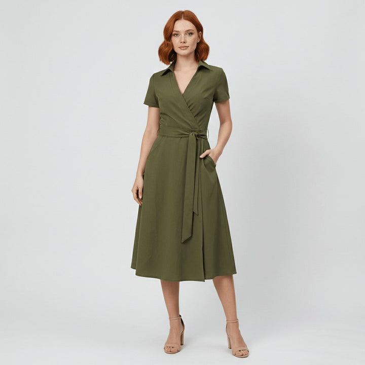 V-Neck Wrap-Style A-Line Midi Dress