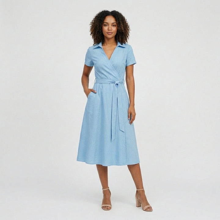 V-Neck Wrap-Style A-Line Midi Dress