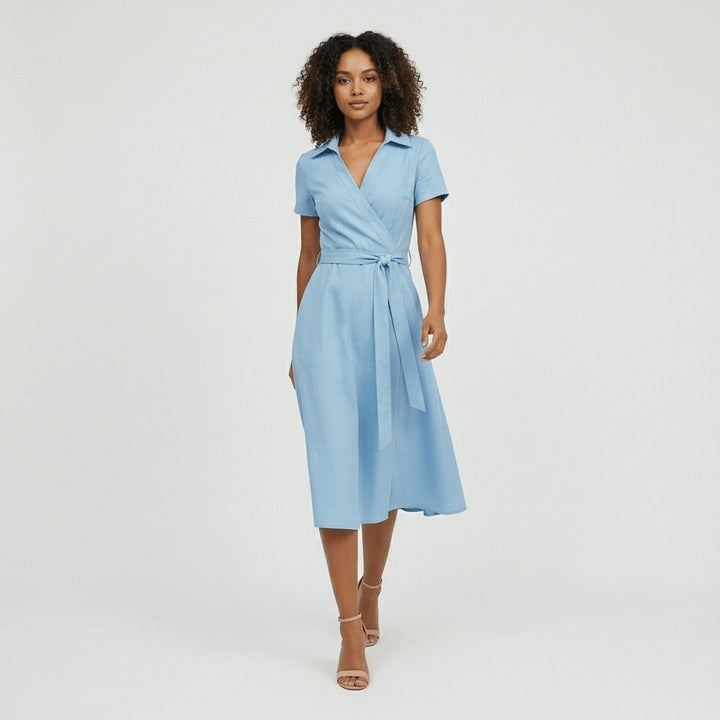V-Neck Wrap-Style A-Line Midi Dress