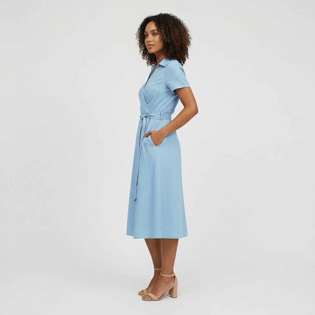 V-Neck Wrap-Style A-Line Midi Dress
