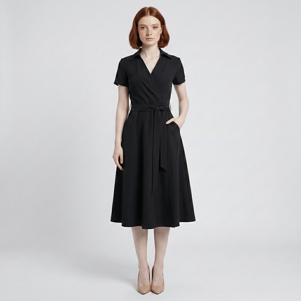V-Neck Wrap-Style A-Line Midi Dress
