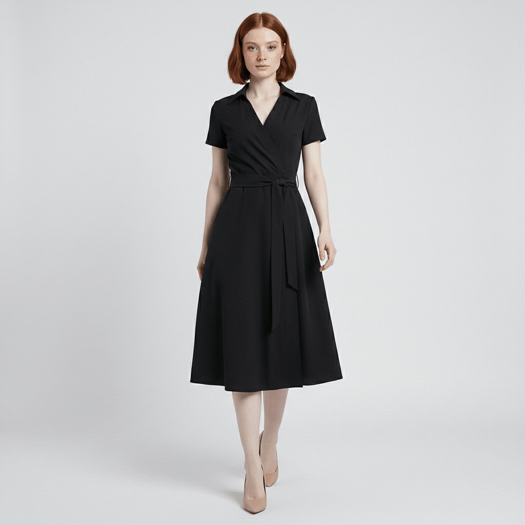 V-Neck Wrap-Style A-Line Midi Dress