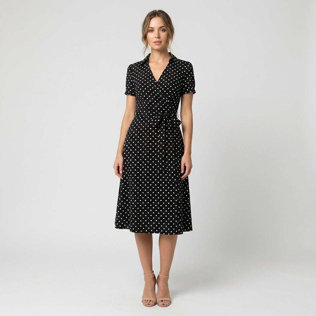 V-Neck Wrap-Style A-Line Midi Dress