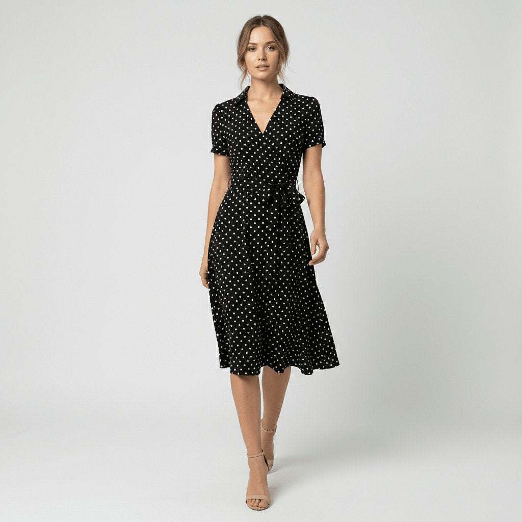 V-Neck Wrap-Style A-Line Midi Dress