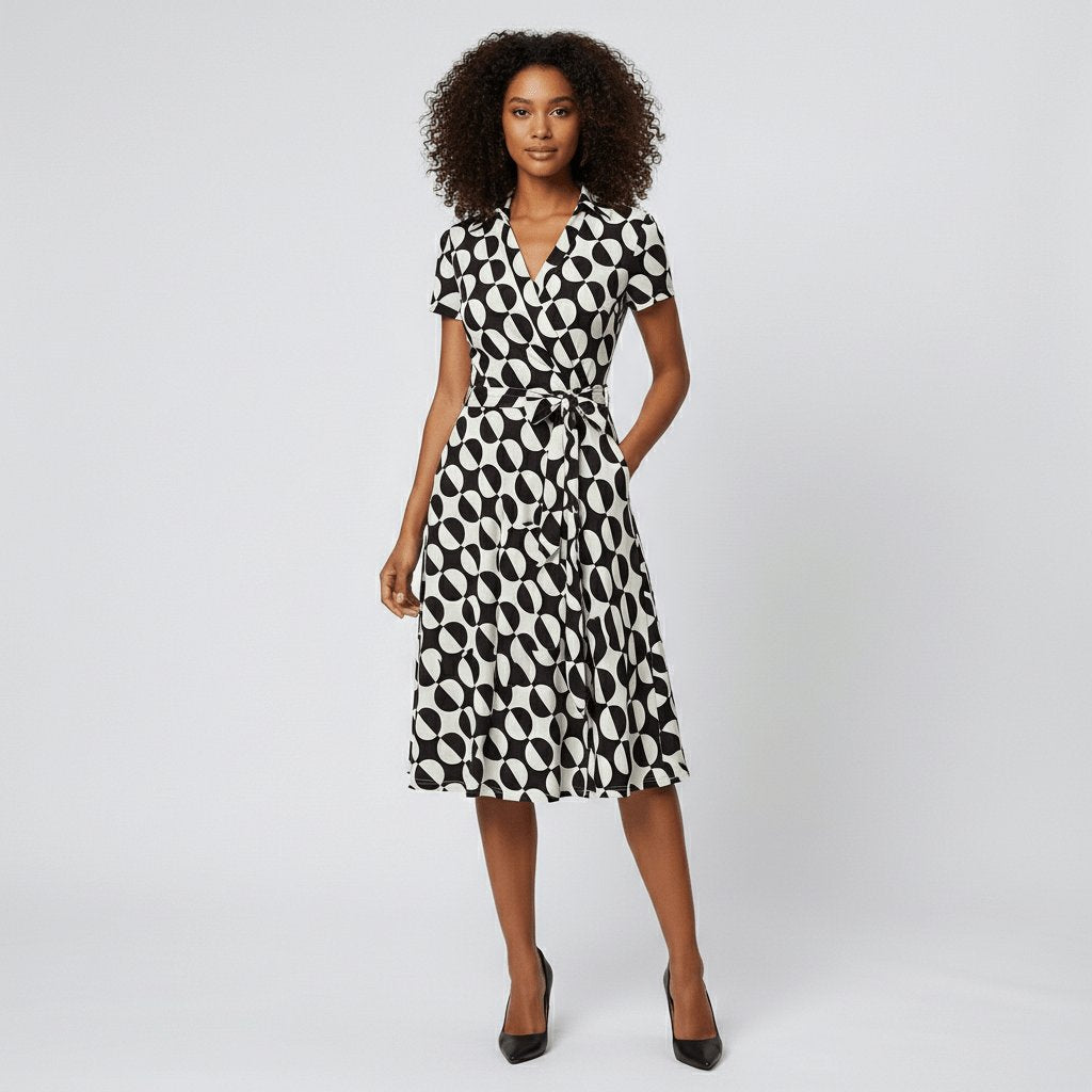 V-Neck Wrap-Style A-Line Midi Dress