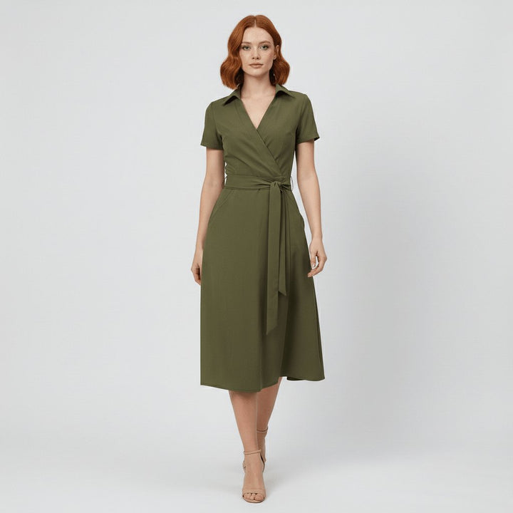 V-Neck Wrap-Style A-Line Midi Dress
