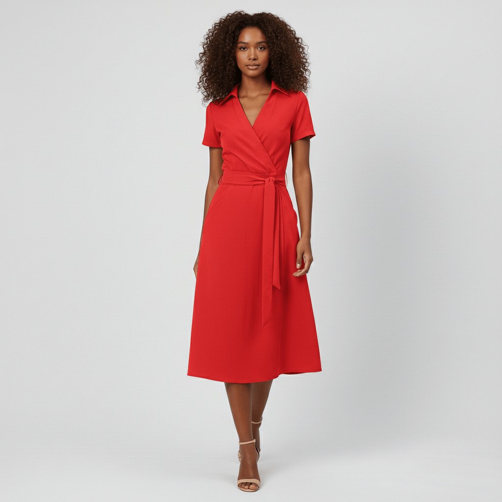 V-Neck Wrap-Style A-Line Midi Dress