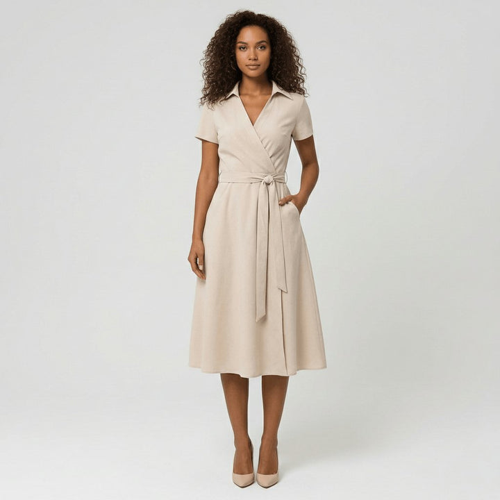 V-Neck Wrap-Style A-Line Midi Dress