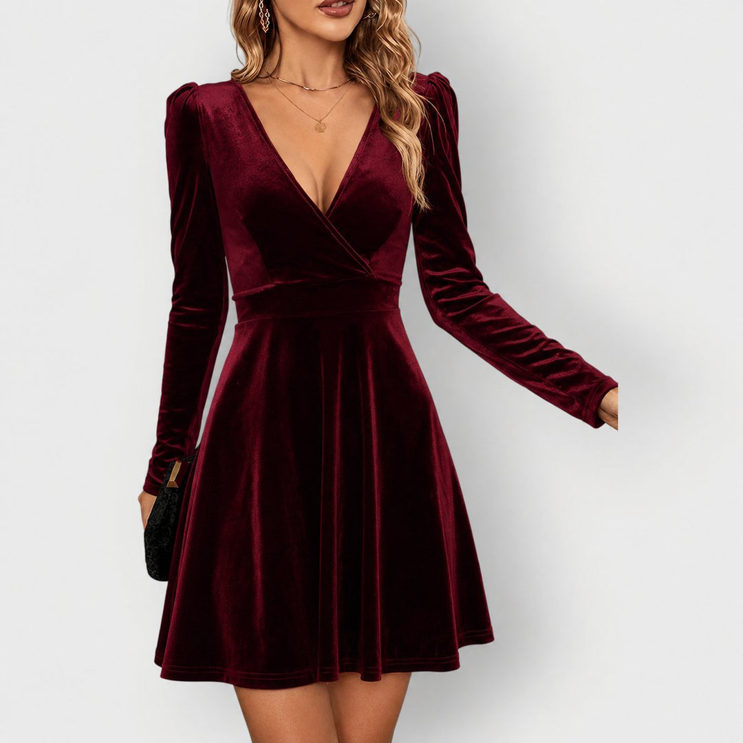 Velvet Skater Dress with Puff Sleeves