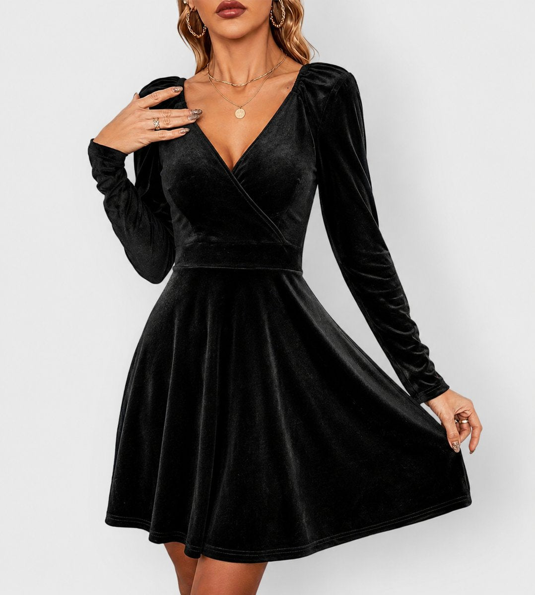 Velvet Skater Dress with Puff Sleeves