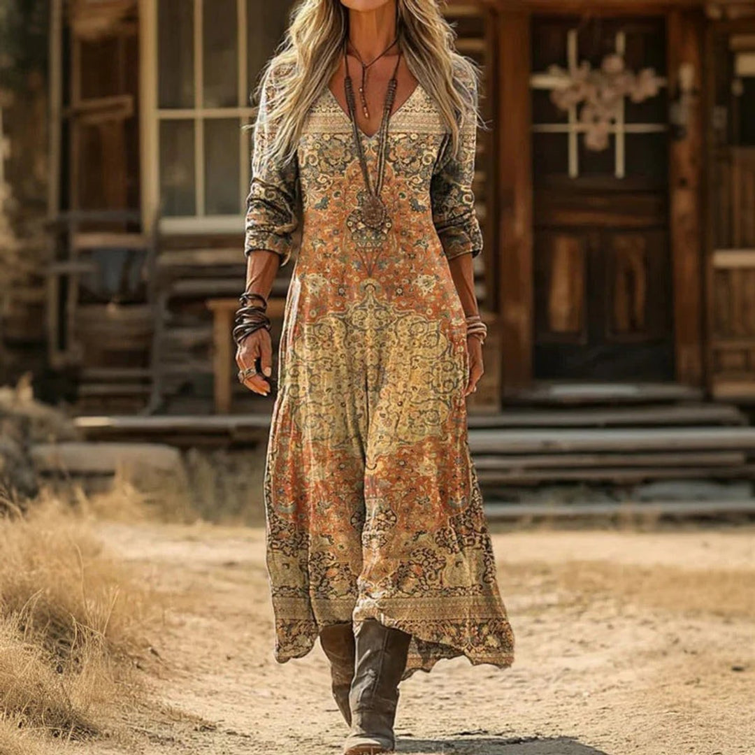 Vintage-Print Long Sleeve Maxi Dress