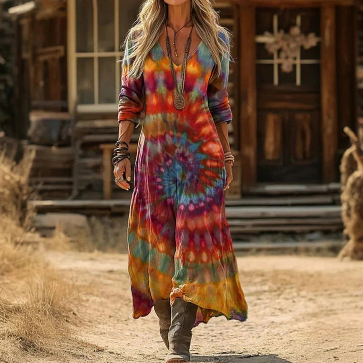 Vintage-Print Long Sleeve Maxi Dress