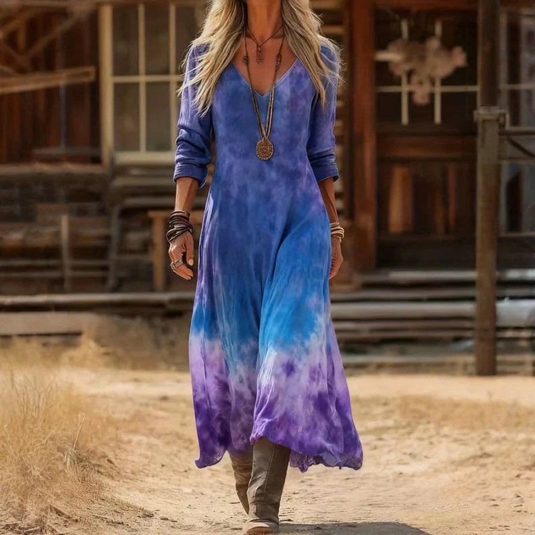 Vintage-Print Long Sleeve Maxi Dress