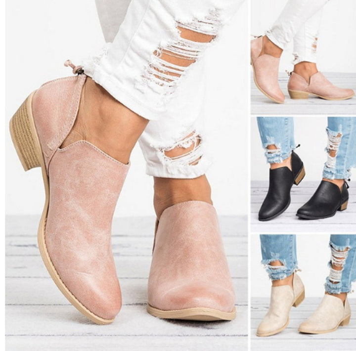 Vintage-Style Slip-On Block Heel Ankle Boots