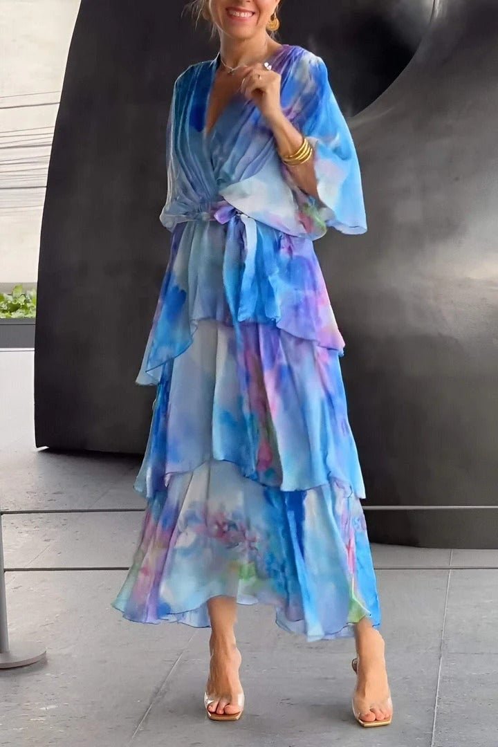 Watercolour Floral Tiered Chiffon Maxi Dress