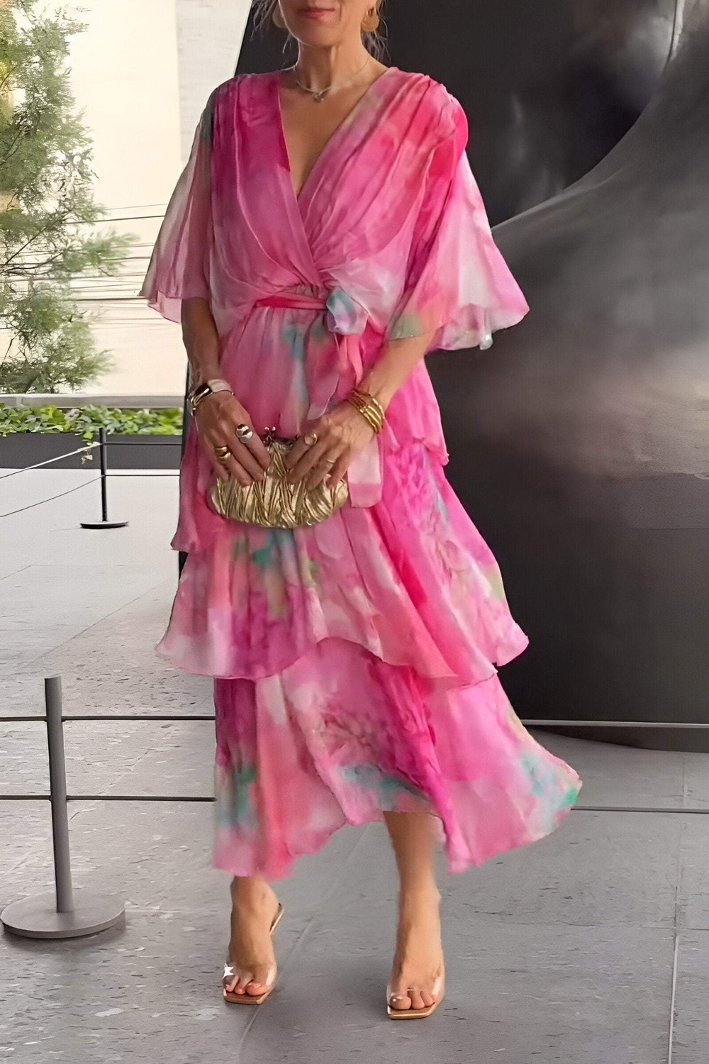 Watercolour Floral Tiered Chiffon Maxi Dress