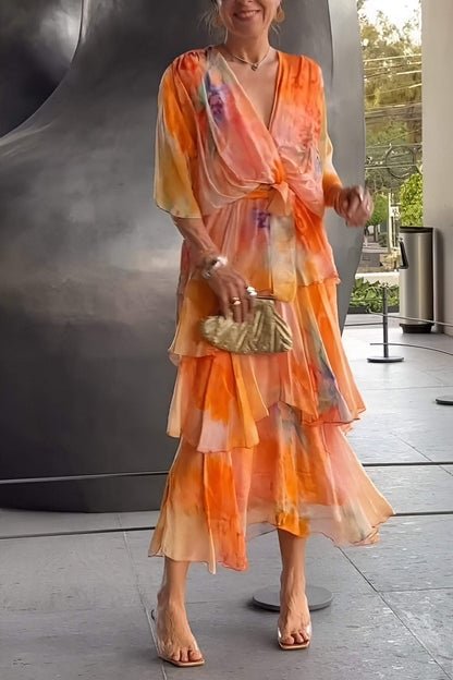 Watercolour Floral Tiered Chiffon Maxi Dress