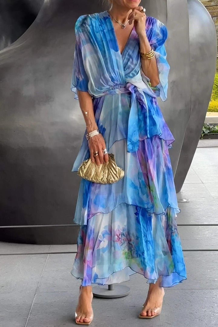 Watercolour Floral Tiered Chiffon Maxi Dress