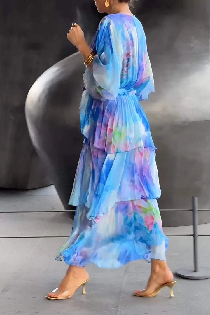 Watercolour Floral Tiered Chiffon Maxi Dress