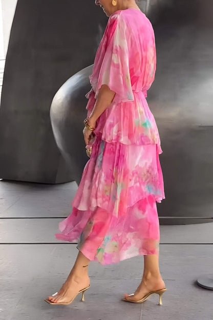 Watercolour Floral Tiered Chiffon Maxi Dress