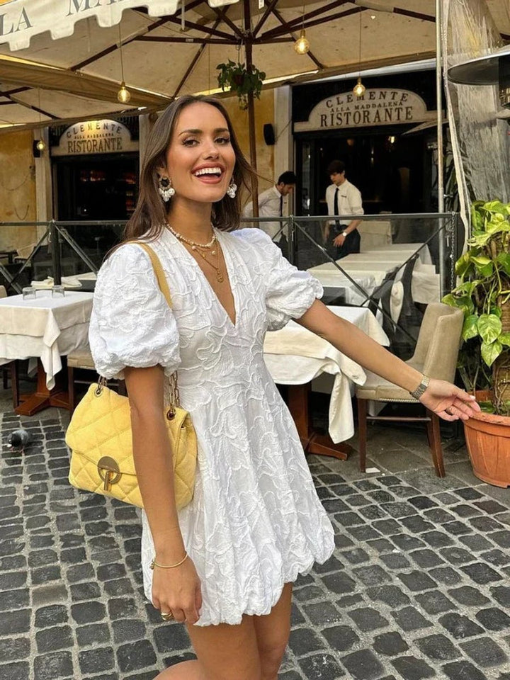 White Floral Textured Puff Sleeve Mini Dress