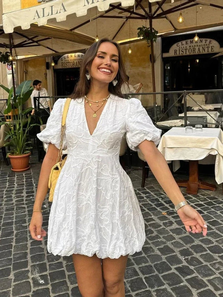 White Floral Textured Puff Sleeve Mini Dress