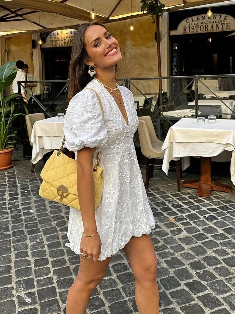 White Floral Textured Puff Sleeve Mini Dress