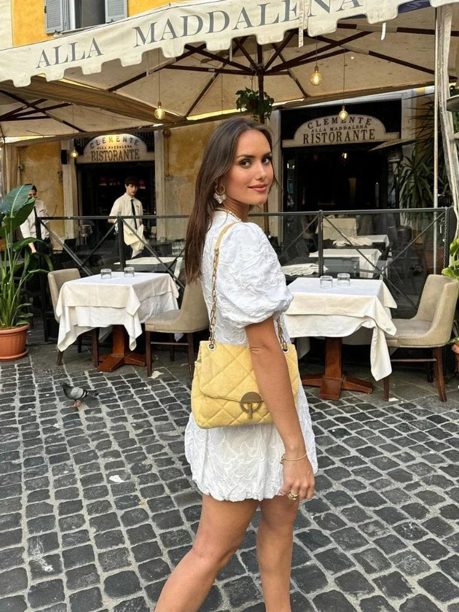 White Floral Textured Puff Sleeve Mini Dress