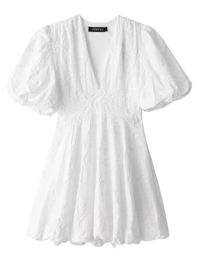 White Floral Textured Puff Sleeve Mini Dress