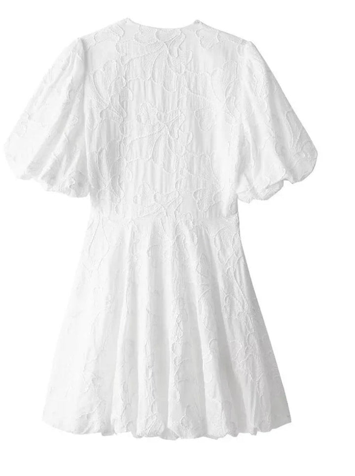 White Floral Textured Puff Sleeve Mini Dress