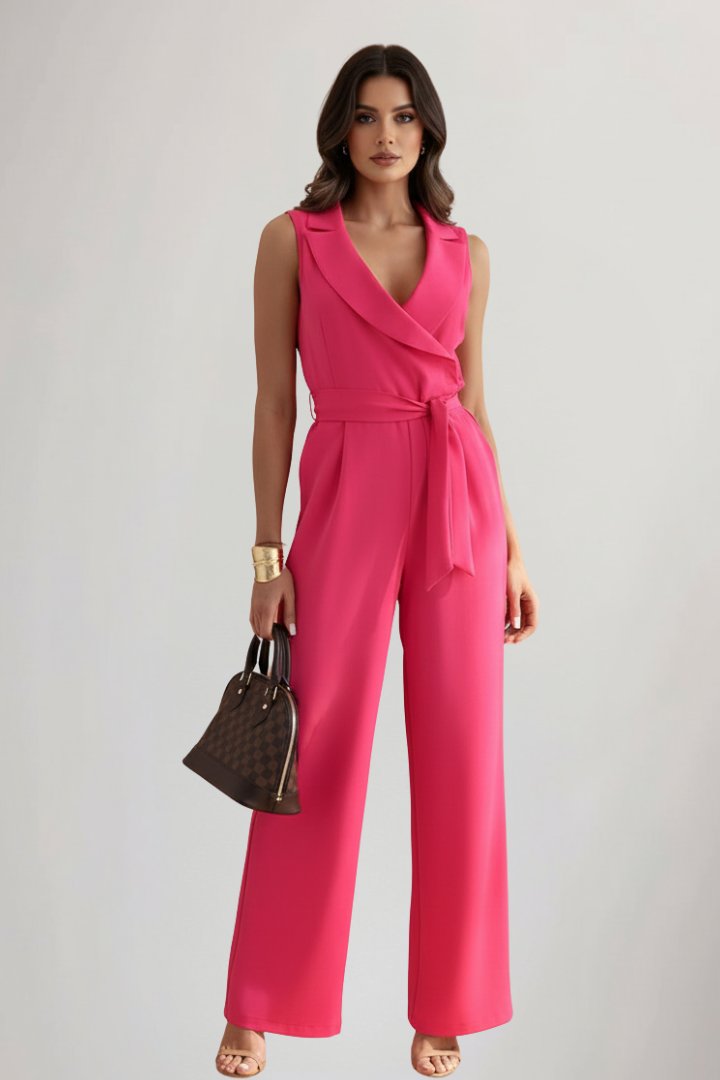 Wide-Leg Blazer-Collar Tie-Waist Jumpsuit