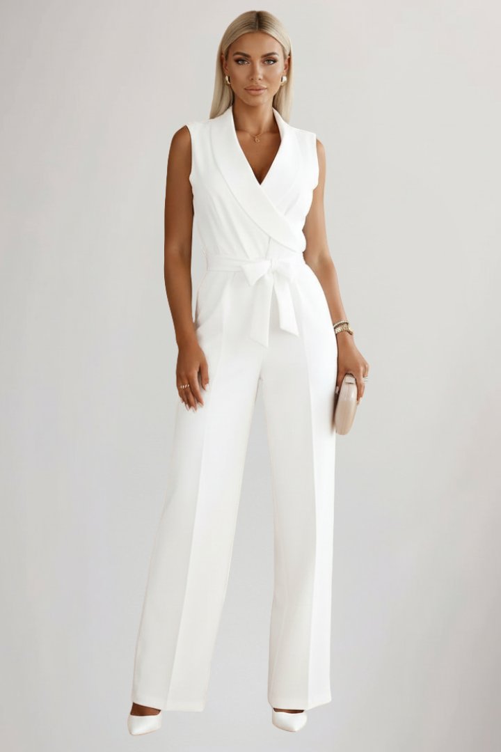Wide-Leg Blazer-Collar Tie-Waist Jumpsuit