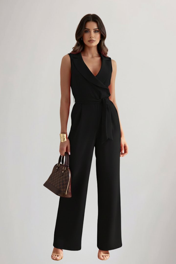 Wide-Leg Blazer-Collar Tie-Waist Jumpsuit
