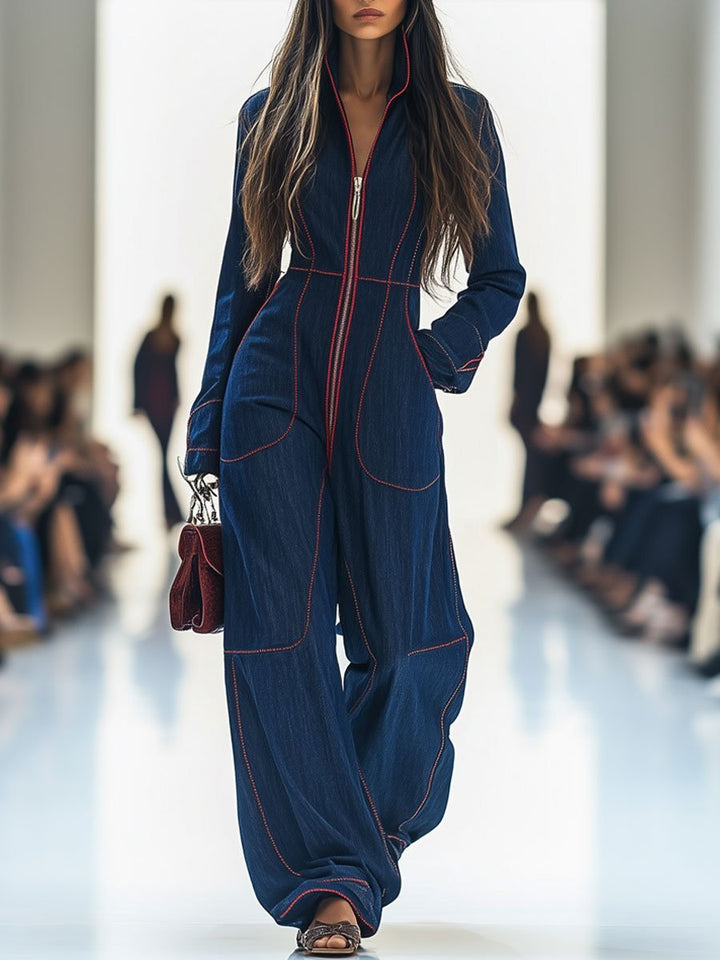 Wide Leg Denim Jumpsuit with Front Zip