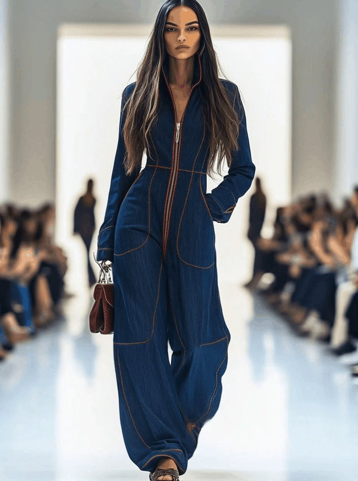 Wide Leg Denim Jumpsuit with Front Zip