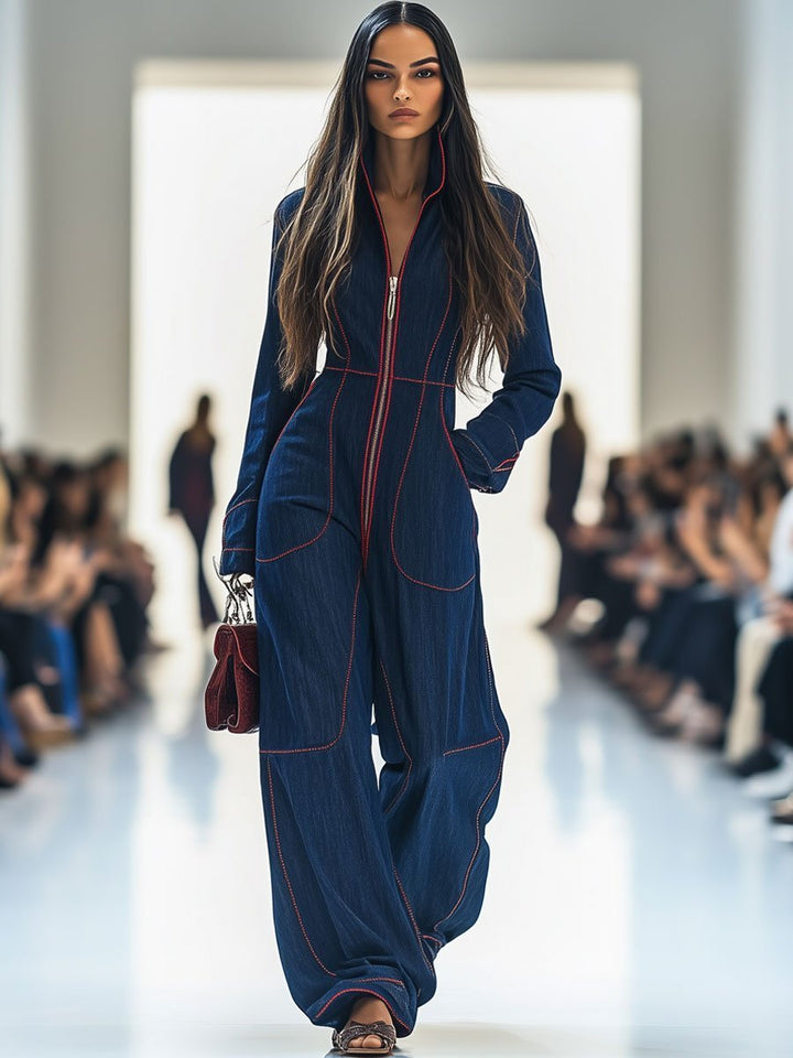 Wide Leg Denim Jumpsuit with Front Zip