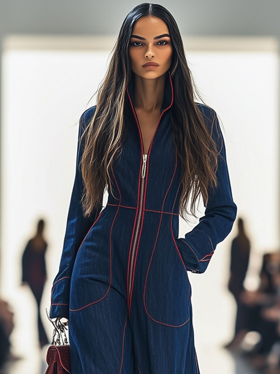Wide Leg Denim Jumpsuit with Front Zip