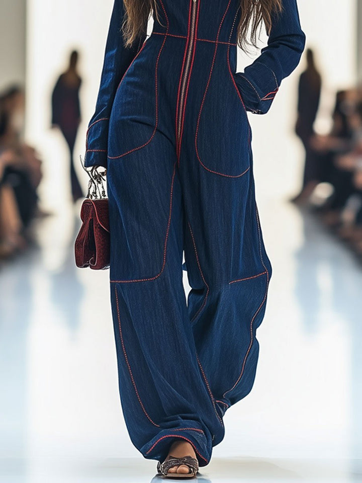 Wide Leg Denim Jumpsuit with Front Zip