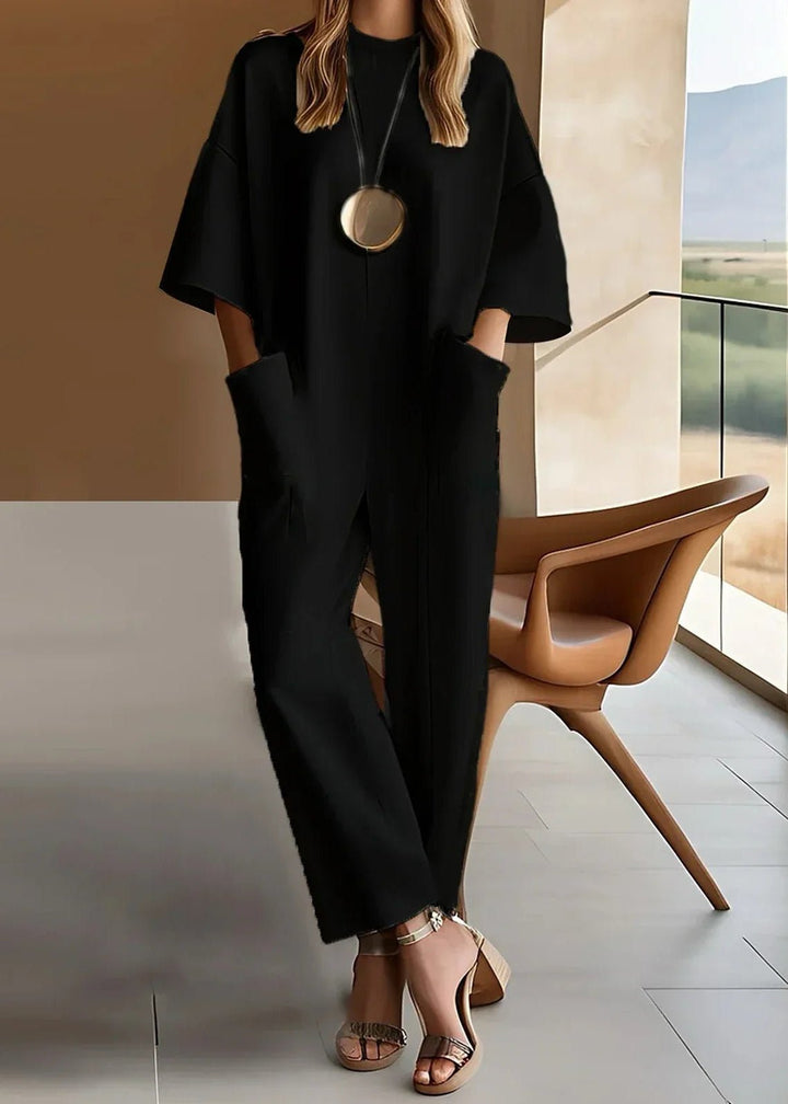 Wide-Leg Short Sleeve Crew Neck Jumpsuit
