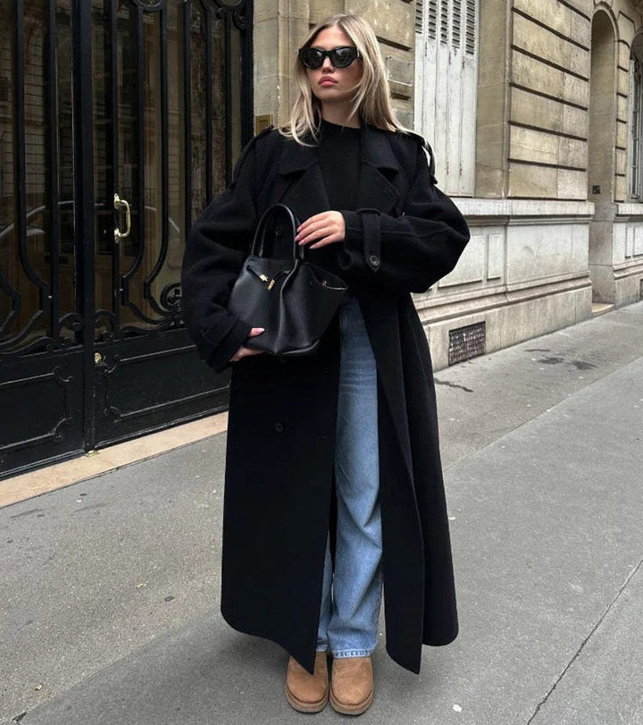 Long Double-Breasted Belted Trench Coat