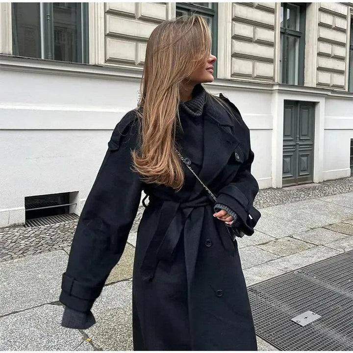 Long Double-Breasted Belted Trench Coat