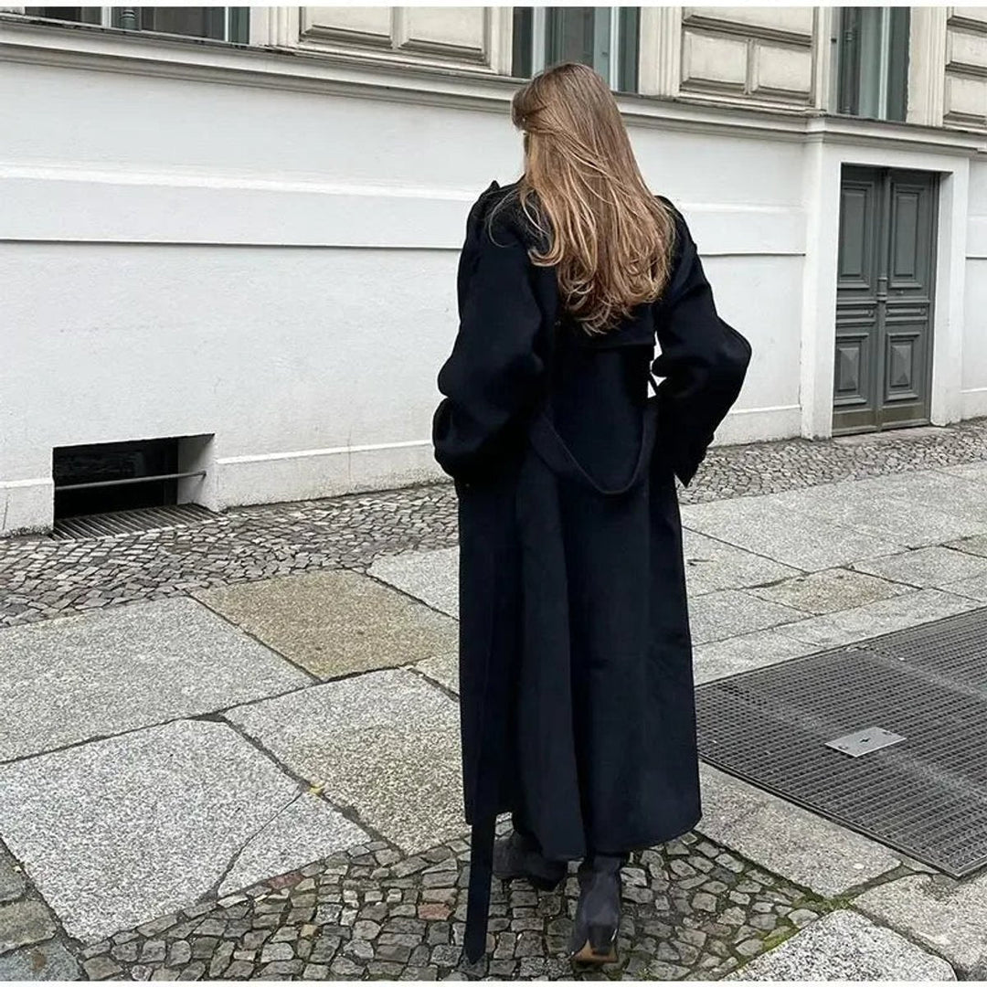 Long Double-Breasted Belted Trench Coat