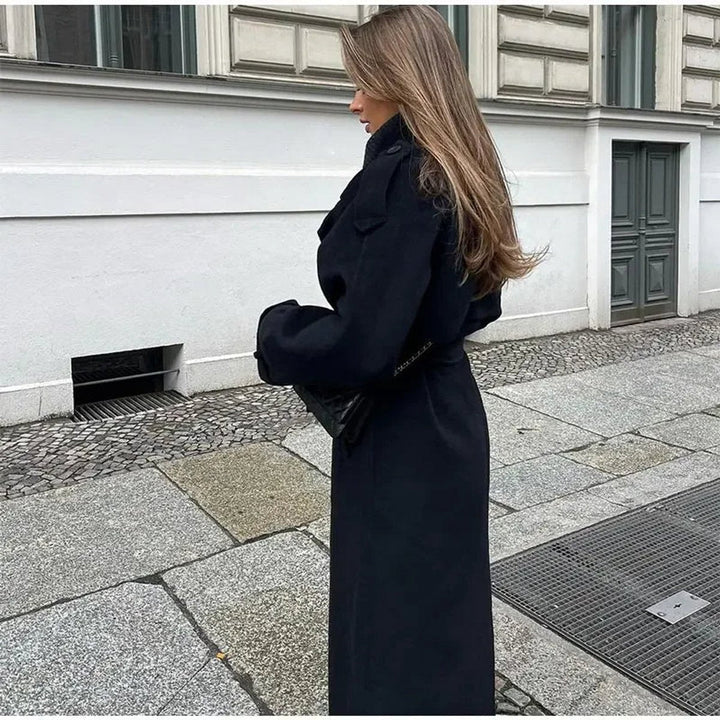 Long Double-Breasted Belted Trench Coat