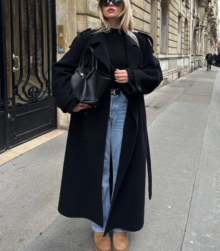 Long Double-Breasted Belted Trench Coat
