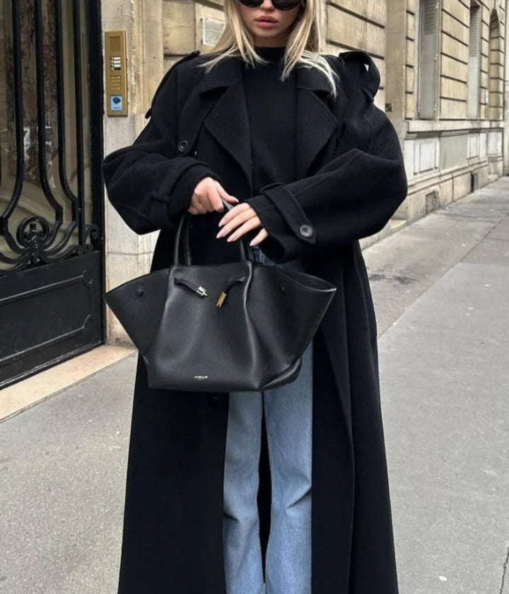 Long Double-Breasted Belted Trench Coat